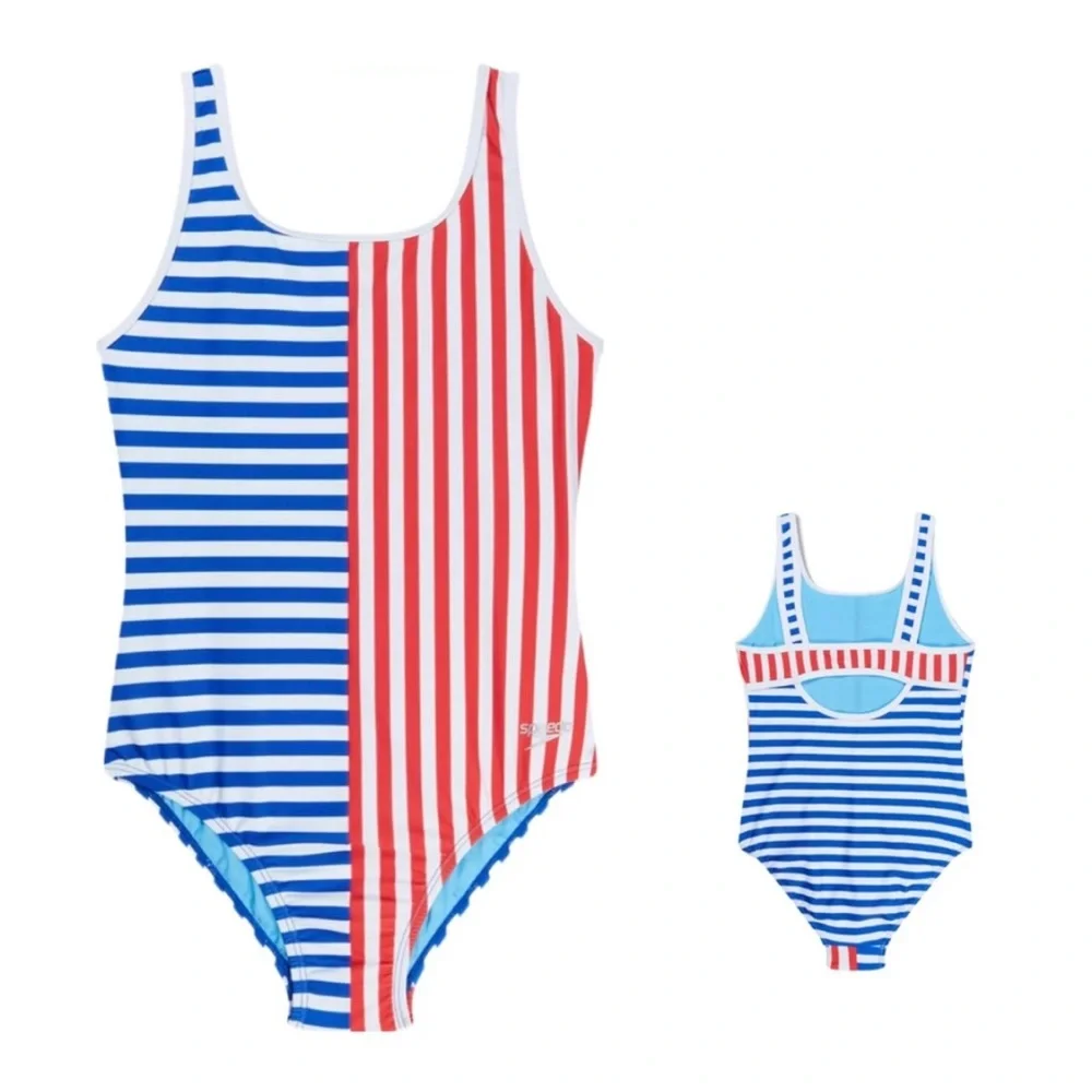 Speedo Girl’s Swimsuit One Piece Blue and Red Stripes Size 16 NWT UPF 50+